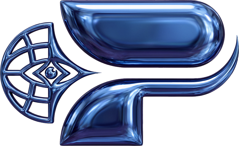 Phygital Group A metallic blue abstract design with geometric and curved elements, including a web-like section, a diamond shape, and two rounded, reflective forms—perfect inspiration for a modern marketing agency seeking bold visual identity. Full Service Marketing Agency