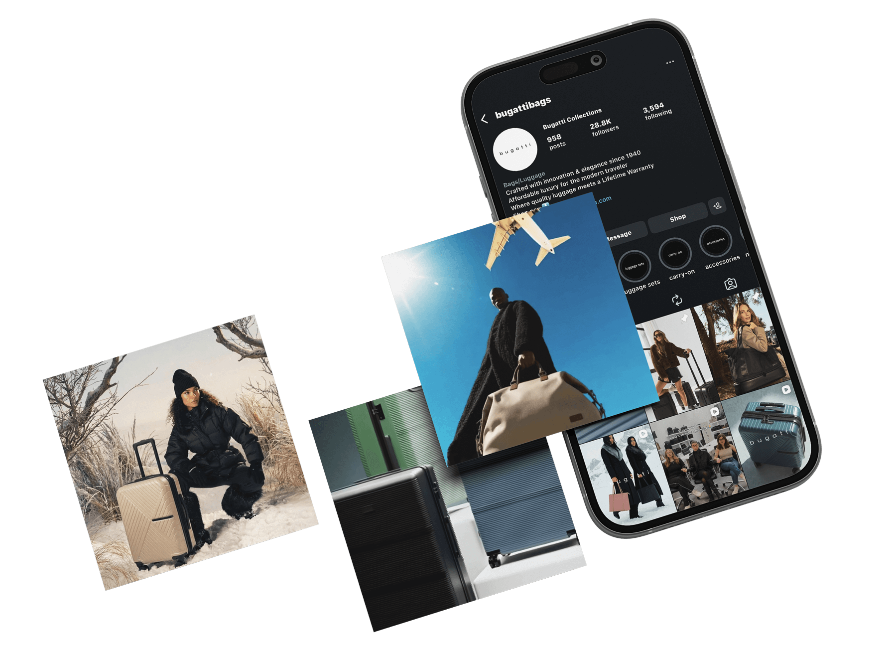 Phygital Group A smartphone displays an Instagram profile for a luggage brand, curated by a marketing agency, surrounded by various travel and luggage-related photos. Full Service Marketing Agency