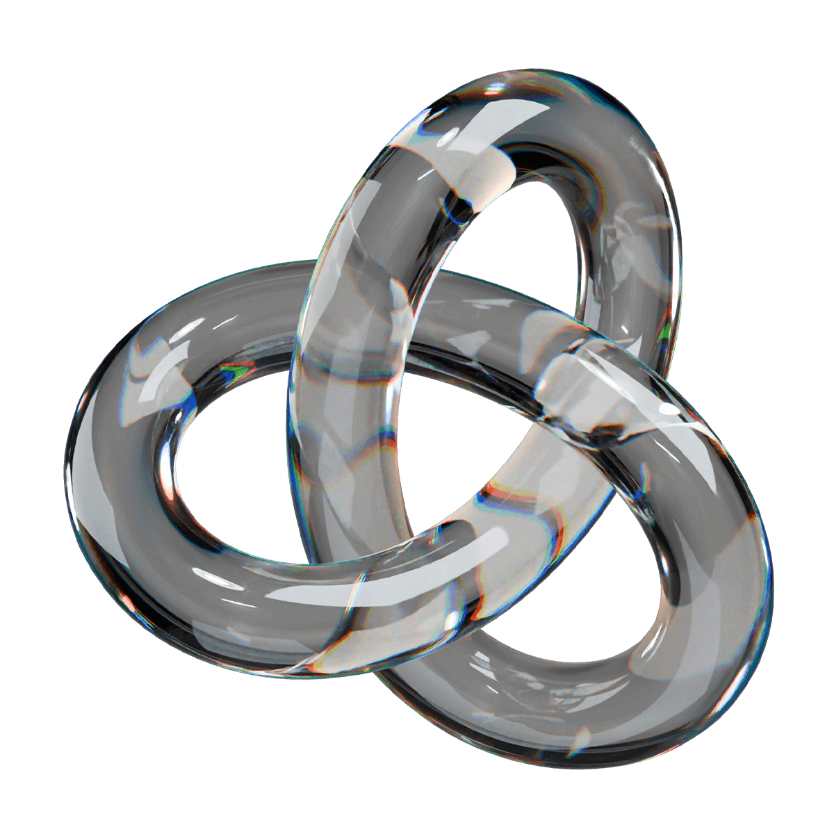 Phygital Group A transparent glass trefoil knot with reflective and refractive surfaces, displayed against a plain white background—an abstract symbol of creativity and connection, perfect for representing a forward-thinking marketing agency. Full Service Marketing Agency