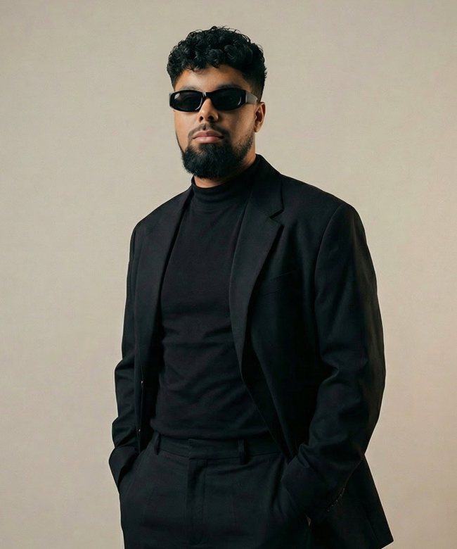 Phygital Group Man with dark hair and beard, wearing black sunglasses, a black blazer, turtleneck, and pants, stands against a plain light background with hands in pockets—perfect for a modern marketing agency campaign. Full Service Marketing Agency