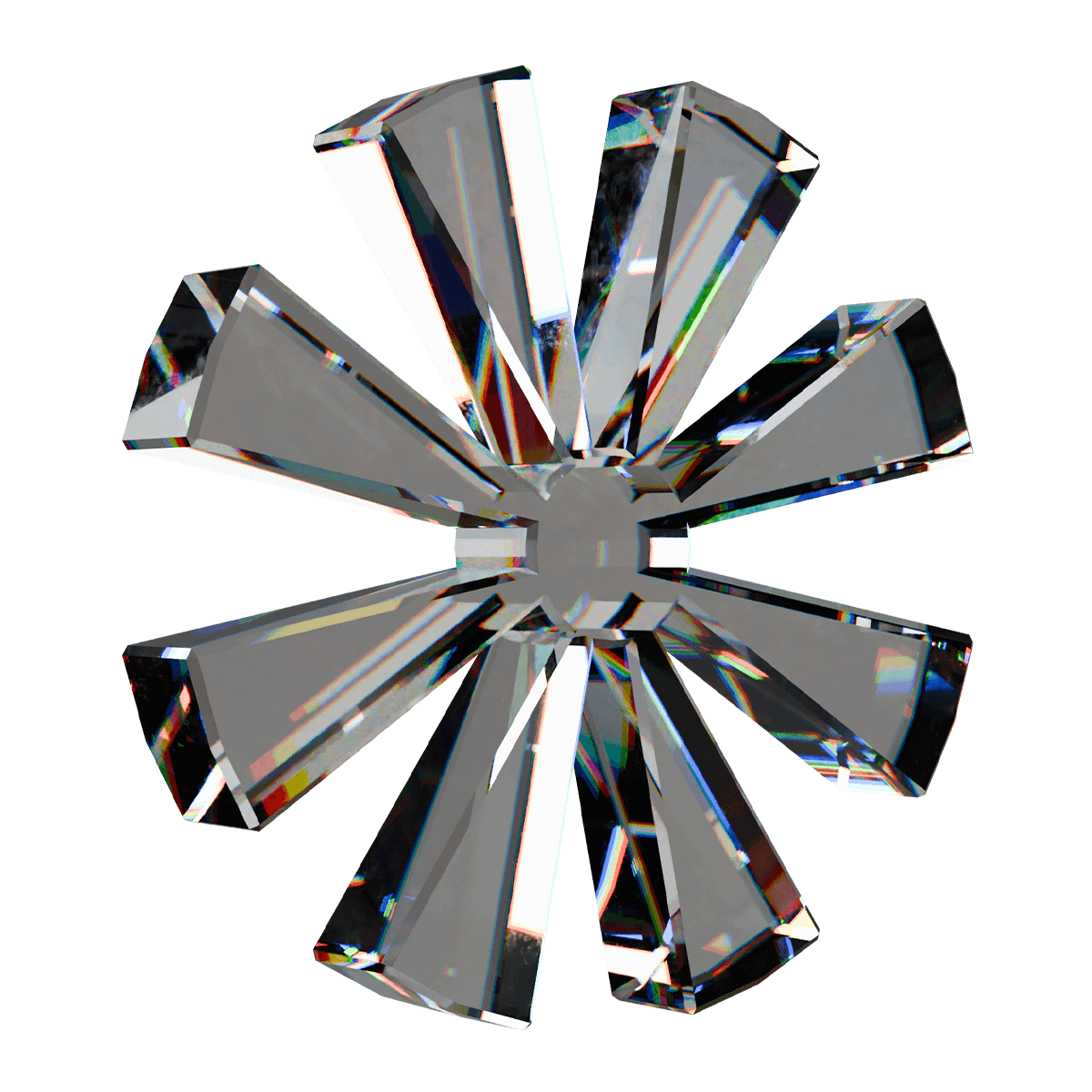 Phygital Group A geometric, symmetrical crystal structure with eight faceted, wedge-shaped arms radiating like a Growth Agency’s expanding influence from a central sphere on a white background. Full Service Marketing Agency