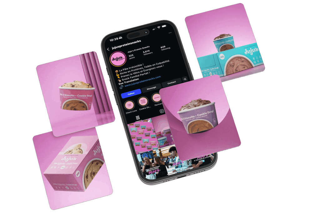 Phygital Group A smartphone displaying an Instagram profile is surrounded by floating images of ice cream containers and packaging, highlighting the creative touch of a leading marketing agency against a light background. Full Service Marketing Agency