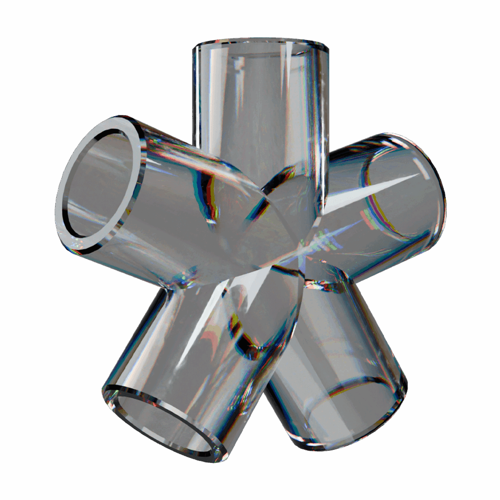 Phygital Group A transparent glass connector with five cylindrical arms extending from a central hub, symbolizing the interconnected strategies of a dynamic marketing agency, displayed against a plain white background. Full Service Marketing Agency