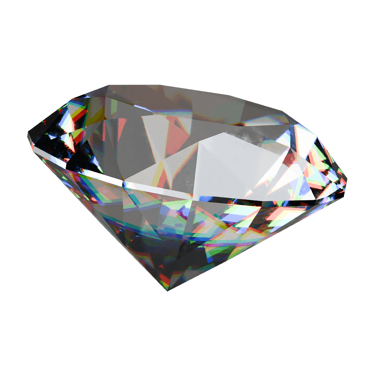 Phygital Group A clear, faceted diamond reflecting light and displaying colorful rainbow-like reflections on a white background, symbolizing the brilliance and clarity a marketing agency brings to your brand. Full Service Marketing Agency