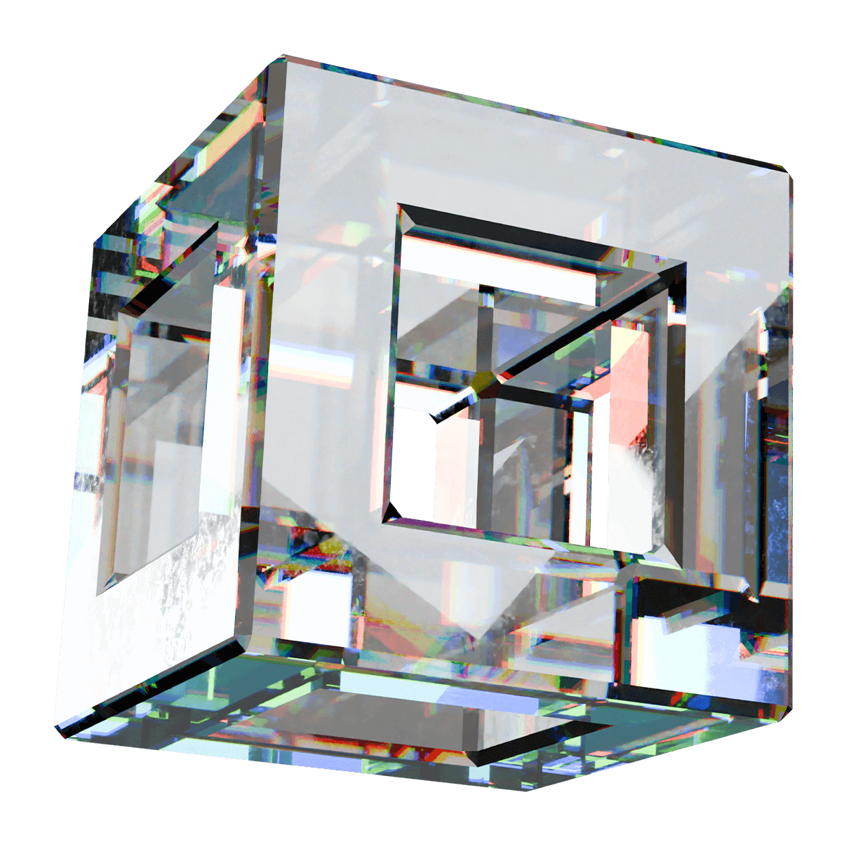 Phygital Group A transparent glass cube with beveled edges and geometric cutouts, reflecting light like a marketing agency’s creativity and revealing internal cube shapes that symbolize strategic growth. Full Service Marketing Agency