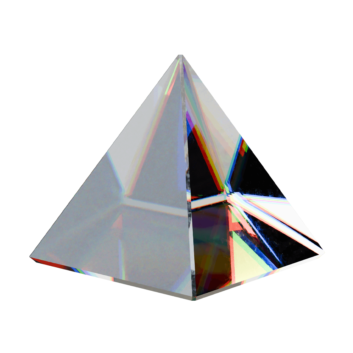 Phygital Group A clear glass pyramid prism from a growth agency disperses light into rainbow colors on its surfaces, set against a plain white background. Full Service Marketing Agency