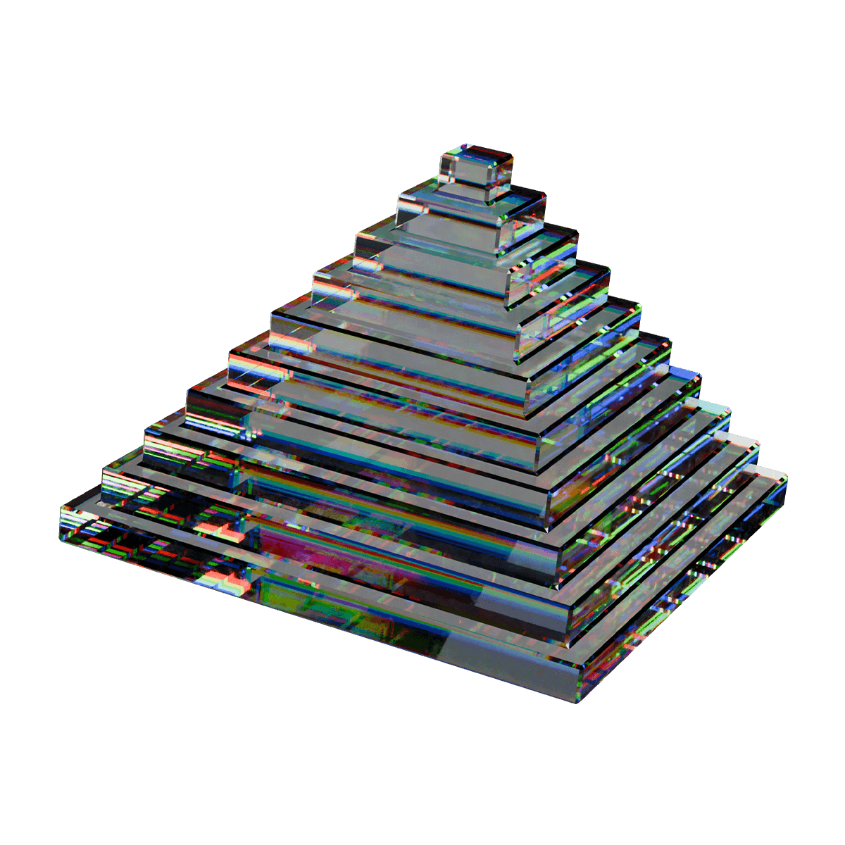 Phygital Group A transparent, multicolored glass pyramid with stepped layers, symbolizing the dynamic rise of a Growth Agency, is shown against a plain white background. Full Service Marketing Agency