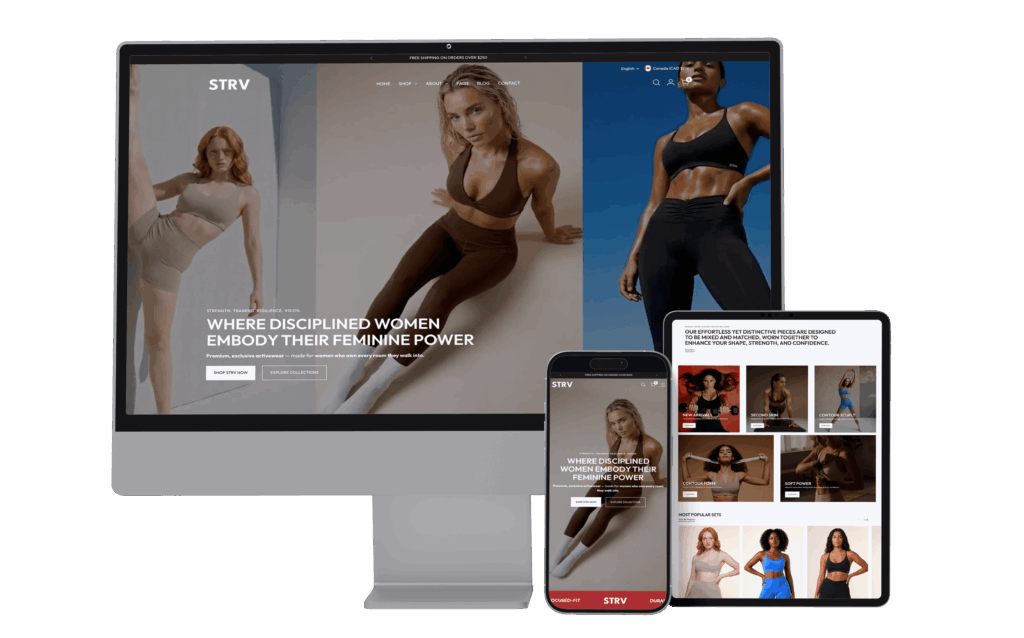 Phygital Group A desktop, smartphone, and tablet display a women's athletic wear website—designed by a leading Growth Agency—featuring models in workout clothing and the slogan "Where disciplined women embody their feminine power. Full Service Marketing Agency