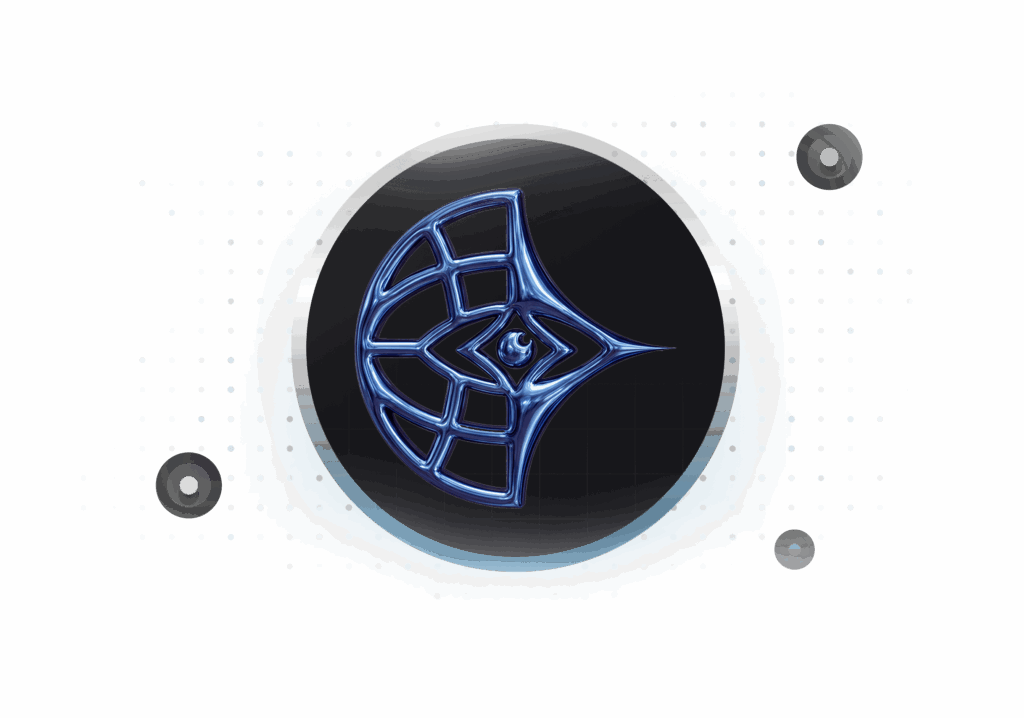 Phygital Group A shiny blue geometric web symbol, representing a Marketing Agency, is centered on a dark circular background, with three small black-ringed dots scattered around it. Full Service Marketing Agency