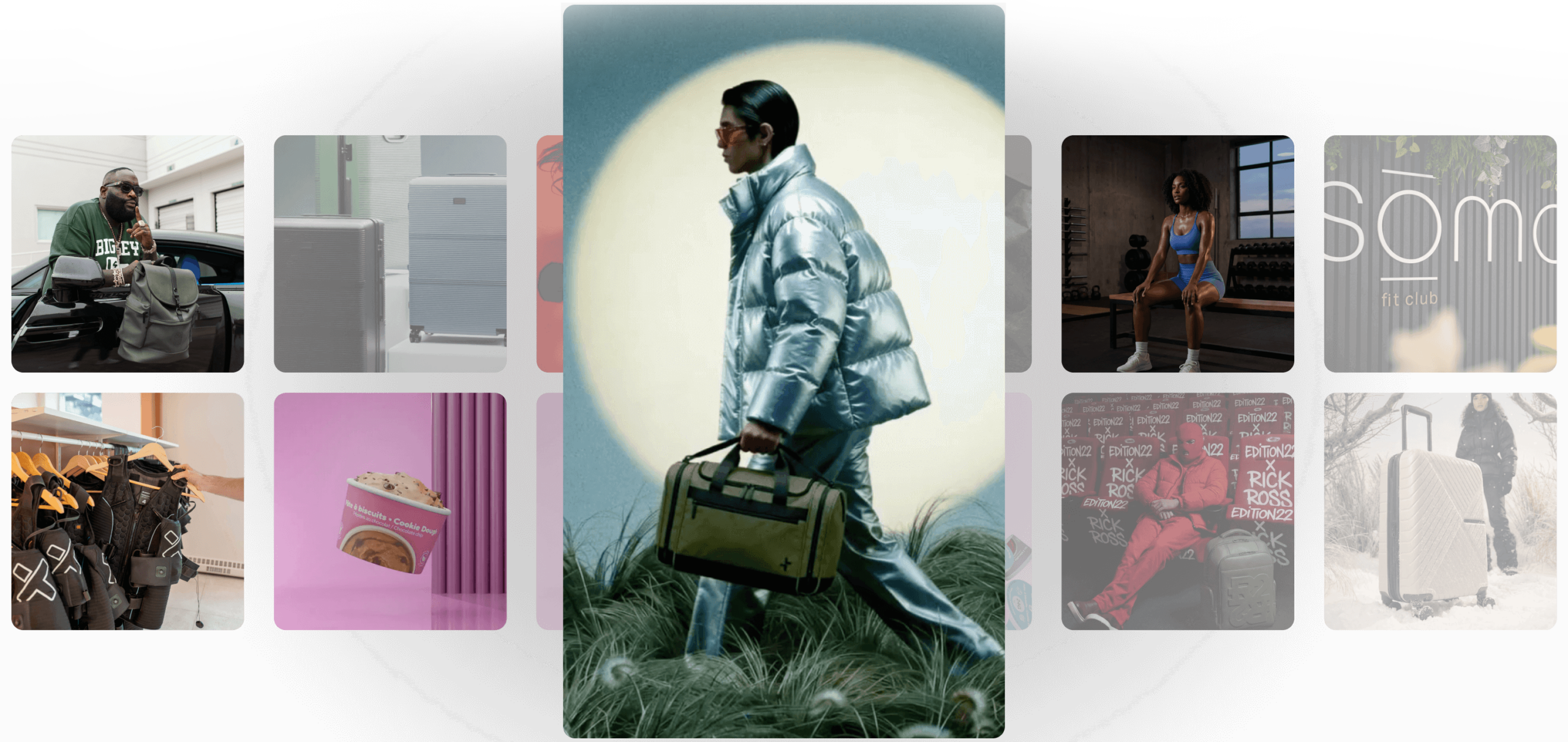 Phygital Group A person in a shiny silver coat walks through tall grass carrying a duffel bag, framed by a large circular light and lifestyle product images—a scene that captures the creative spirit of a forward-thinking marketing agency. Full Service Marketing Agency