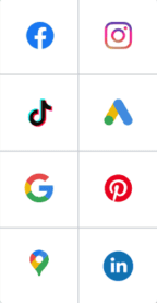 Phygital Group Grid of eight social media and tech company logos—perfect for any Growth Agency or Marketing Agency looking to boost their digital presence: Facebook, Instagram, TikTok, Google Ads, Google, Pinterest, Google Maps, and LinkedIn. Full Service Marketing Agency